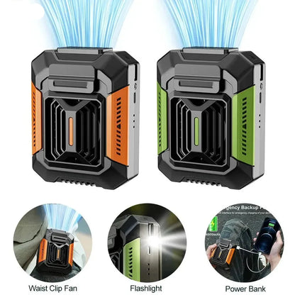 Portable Waist Clip Fan – Mini Hanging Neck & Waist Fan with Power Bank & LED Light